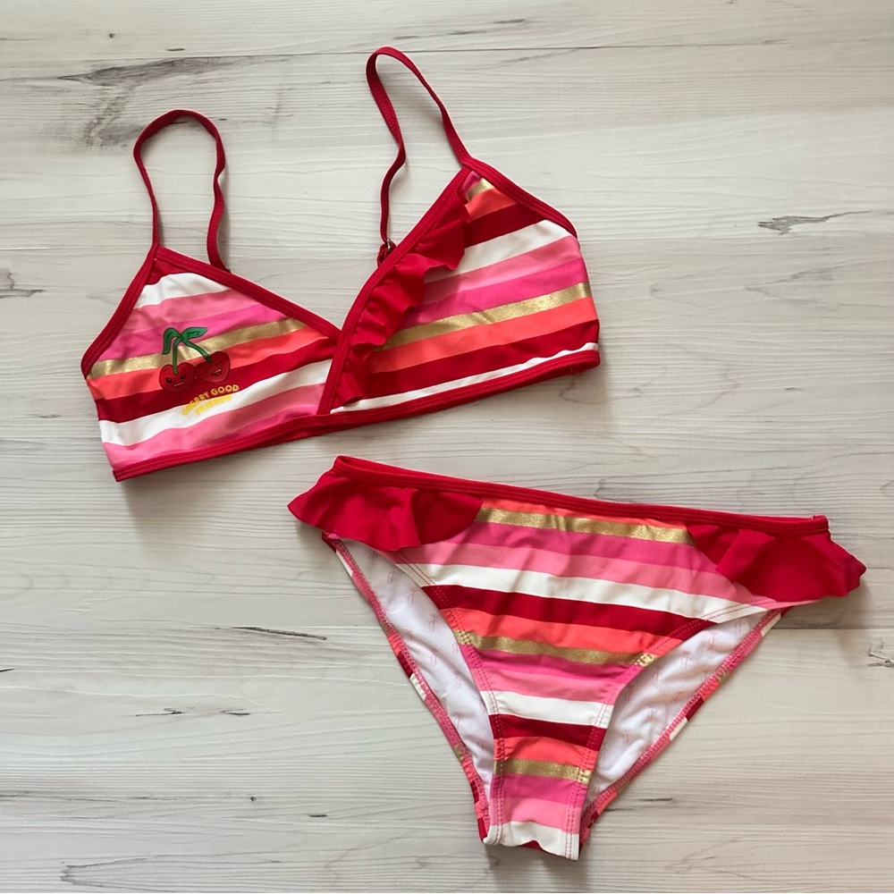 NWOT Juicy Couture Girls Ruffle Cherry Valentine’s White Pink Striped Bikini Set
